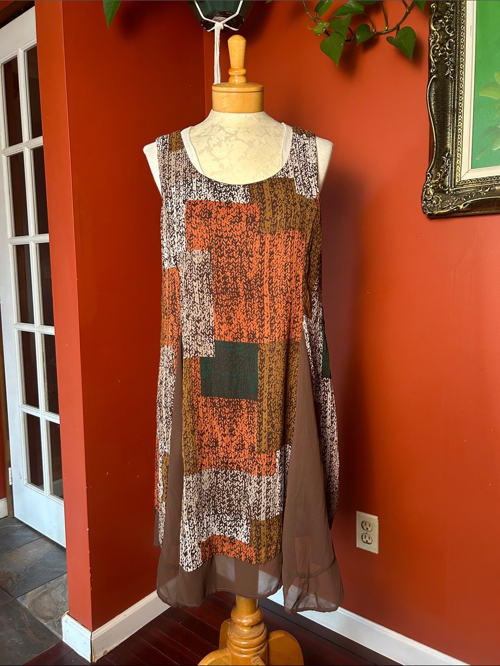 Mei Sleeveless Asymmetrical Hem Patchwork Colorblock Dress Green Rust Brown